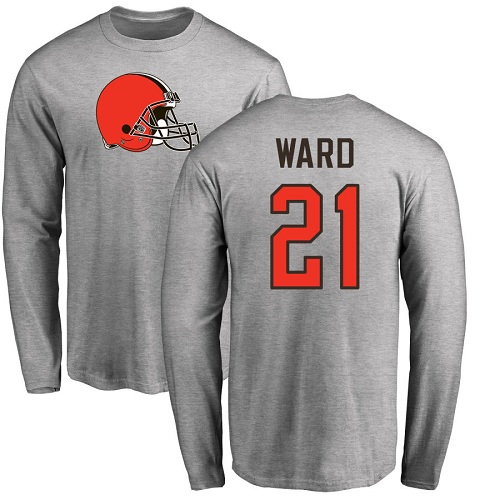 Men Cleveland Browns Denzel Ward Ash Jersey #21 NFL Football Name and Number Logo Long Sleeve T Shirt->cleveland browns->NFL Jersey